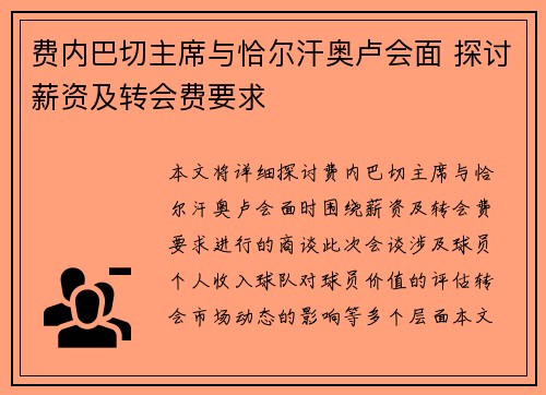 费内巴切主席与恰尔汗奥卢会面 探讨薪资及转会费要求