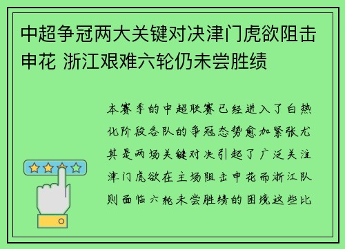中超争冠两大关键对决津门虎欲阻击申花 浙江艰难六轮仍未尝胜绩
