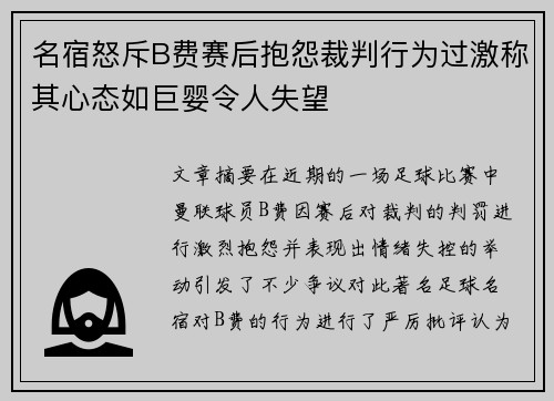 名宿怒斥B费赛后抱怨裁判行为过激称其心态如巨婴令人失望